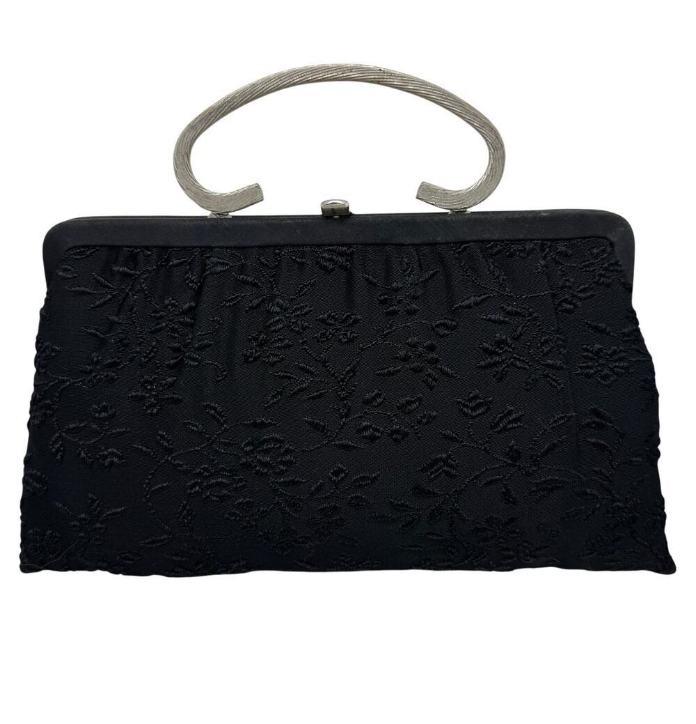 1950s H L USA Black Brocade Evening Bag Silver Handle Made USA